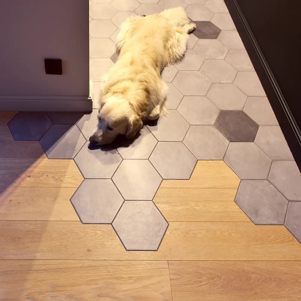 Эту проблему мы решили таким образом: прямо при входе в квартиру мы расположили помывочную для собаки.